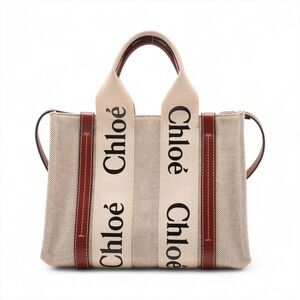 Chloe Woody Canvas Leather Handbag Beige